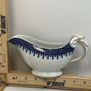 Elegant Vintage White Porcelain Gravy Boat with Blue Floral Pattern and Gold